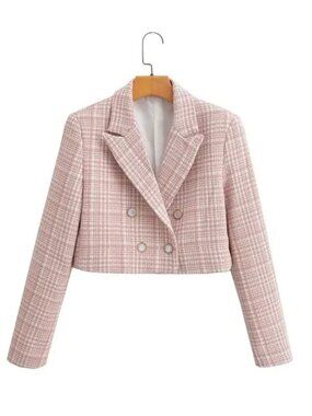 Cropped Pink Plaid Double-Breasted Women's Blazer Jacket